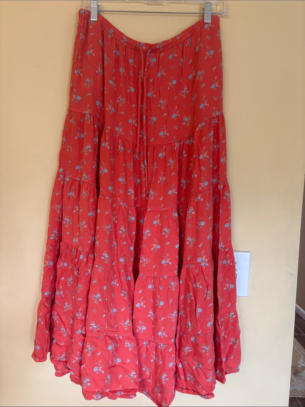Free People Coral Red Floral Tiered Maxi Skirt